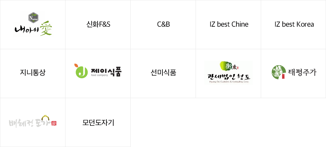 내아이에, 신화F&S, C&B, 태광웰푸드, IZ best Chine, IZ best Korea, 지니통상, 해쉼, 제이식품, 선미식품, 관세법인 형도, 태평주가, 배혜정 도가, 모던 도자기
